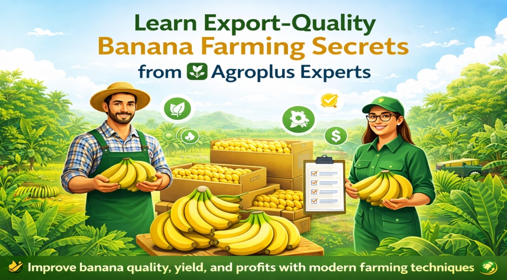 Export-quality banana farming with Agroplus experts showing high-quality banana harvest, packaging, and modern farming techniques for better yield and profits