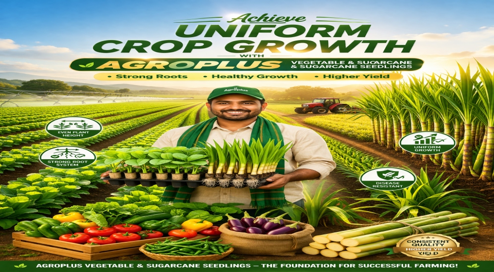 Agroplus vegetable and sugarcane seedlings showing uniform crop growth with healthy plants and modern farming techniques