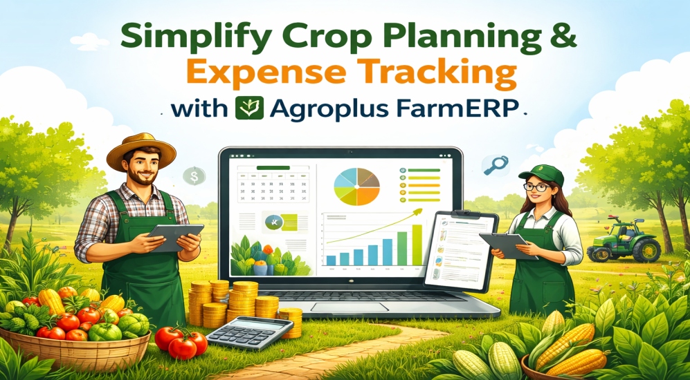Agroplus FarmERP dashboard with farmers using digital tools for crop planning and expense tracking in modern agriculture
