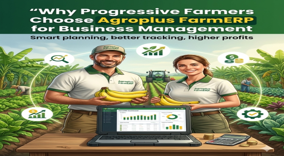Progressive farmers using Agroplus FarmERP for farm business management, crop planning, and expense tracking with digital tools
