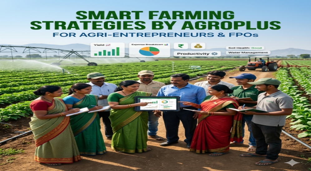 Agri-entrepreneurs and FPO farmers using Agroplus smart farming strategies with digital tools and data-driven agriculture
