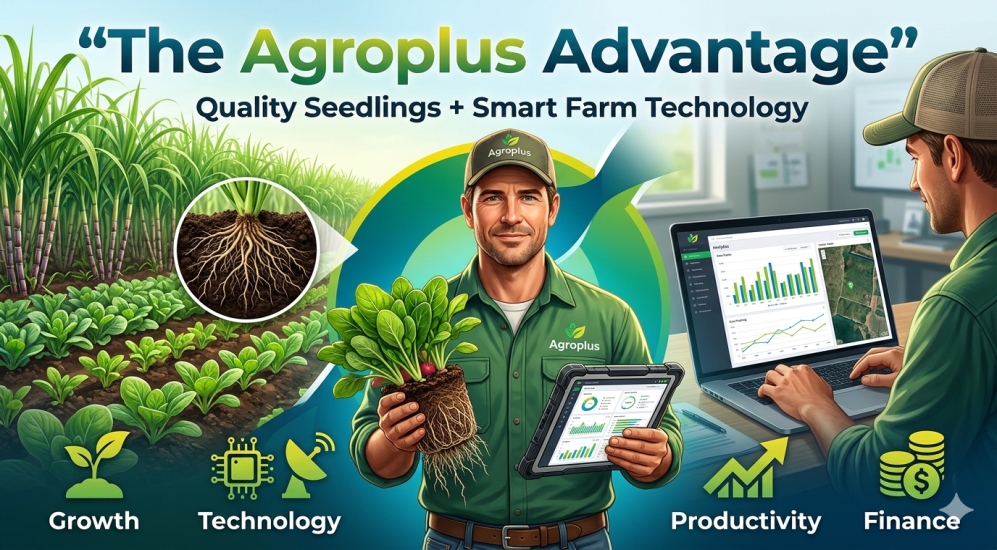Agroplus Advantage showing combination of quality seedlings and advanced farm technology for improved crop growth and farm management