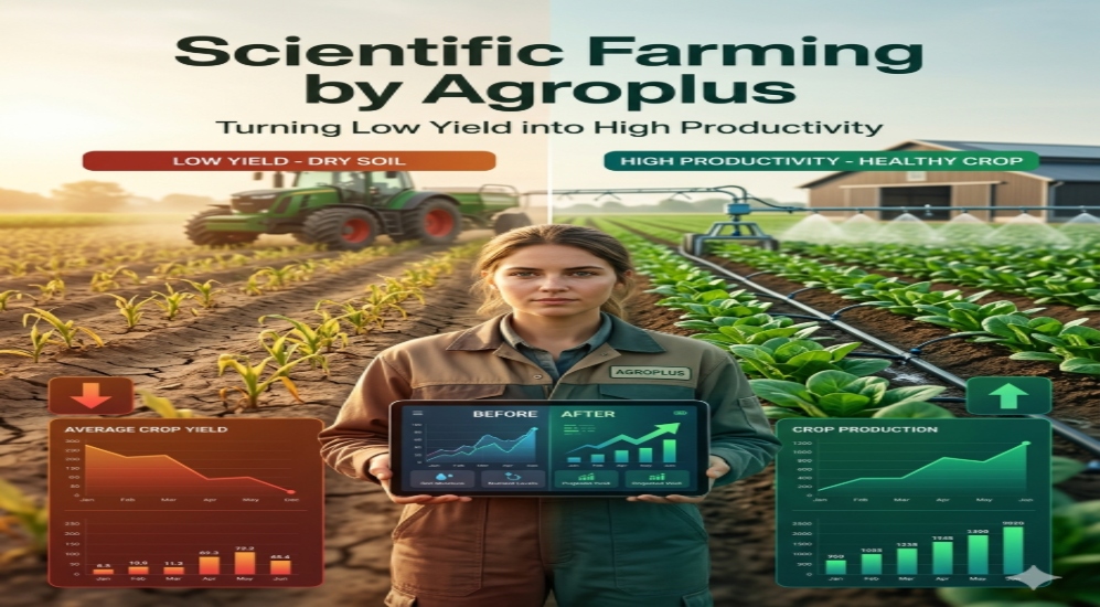 Scientific farming by Agroplus showing transformation from low yield crops to healthy high productivity farming using modern techniques
